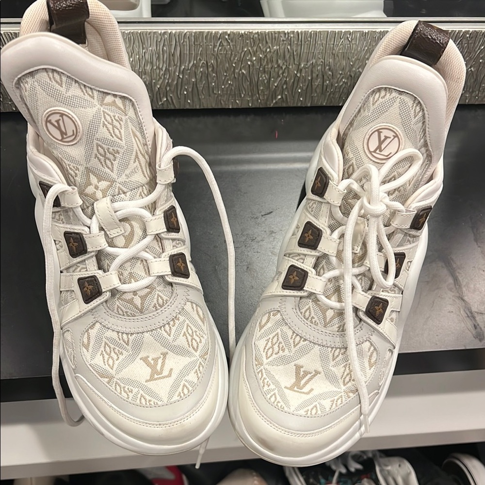 White and Brown Monogram Sneakers
